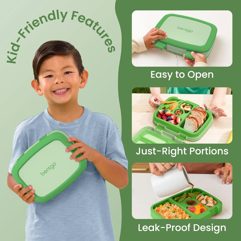 Bentgo Kids Bento-Style 5-Compartment Leak-Proof Lunch Box - Just-Right Portions for Ages 3 to 7, Durable, Drop-Proof, Dishwasher Safe, PFAS & BPA-Free & Made with Food-Safe Materials (Green)