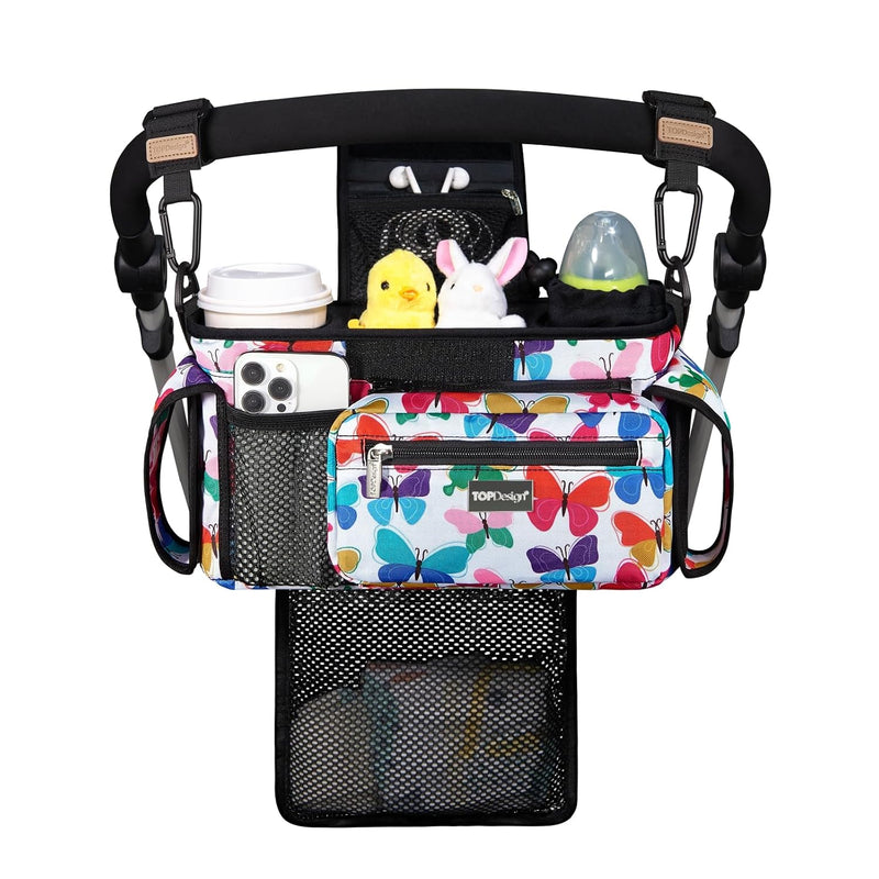 TOPDesign Universal Baby Stroller Organizer, Stroller Caddy with Detachable Mesh Bag & Heightened Insulated Cup Holders & Non-Slip Secure Hooks Accessories, Fits Most Strollers (Checkerboard)