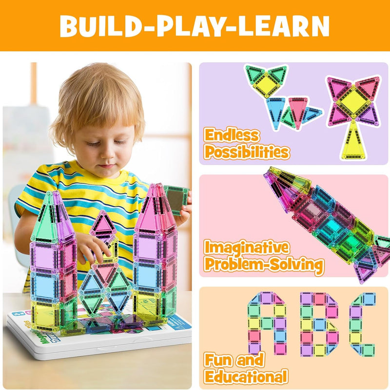 42PCS Mini Magnetic Tiles Travel Set with Iron Storage Box - Portable STEM Building Blocks for Kids 3-8, Montessori Educational Magnet Toys for Airplane, Car Rides & On-The-Go Play