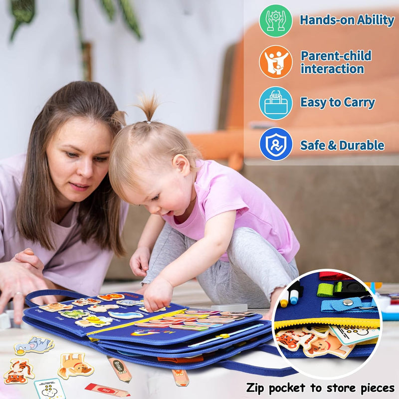 Blue toddler busy board with 12 pages of interactive learning activities for boys, ideal birthday gift for 1-3 year olds