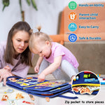 Blue toddler busy board with 12 pages of interactive learning activities for boys, ideal birthday gift for 1-3 year olds