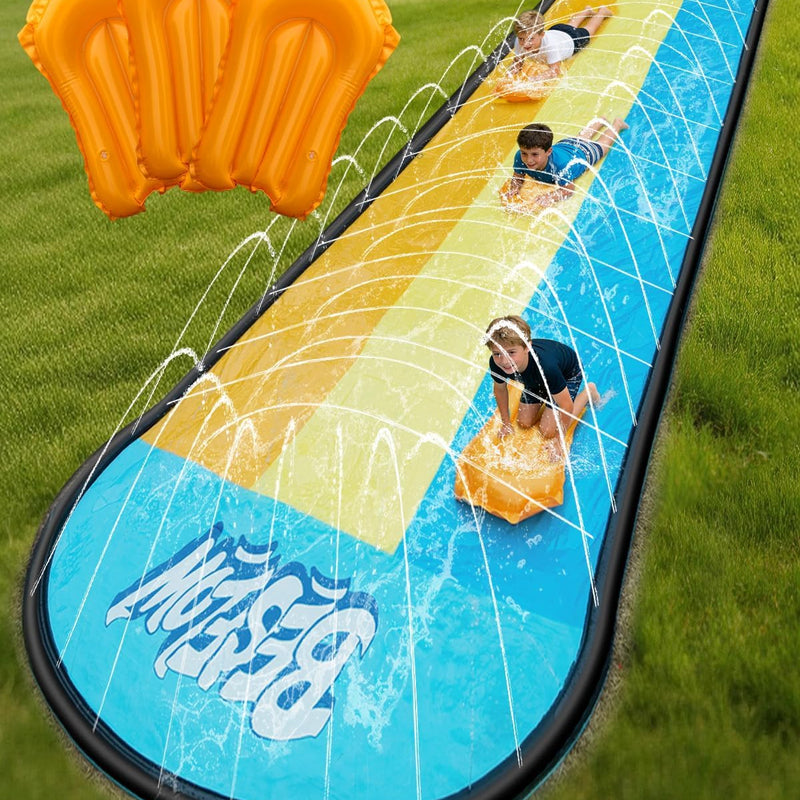 Slip and Water Slip,Water Slide for Kids Backyard 22ft*3 Lane Color-Block,Surrounding Sprinkler Summer Toys for Kids Outdoor with 3 Bodyboards