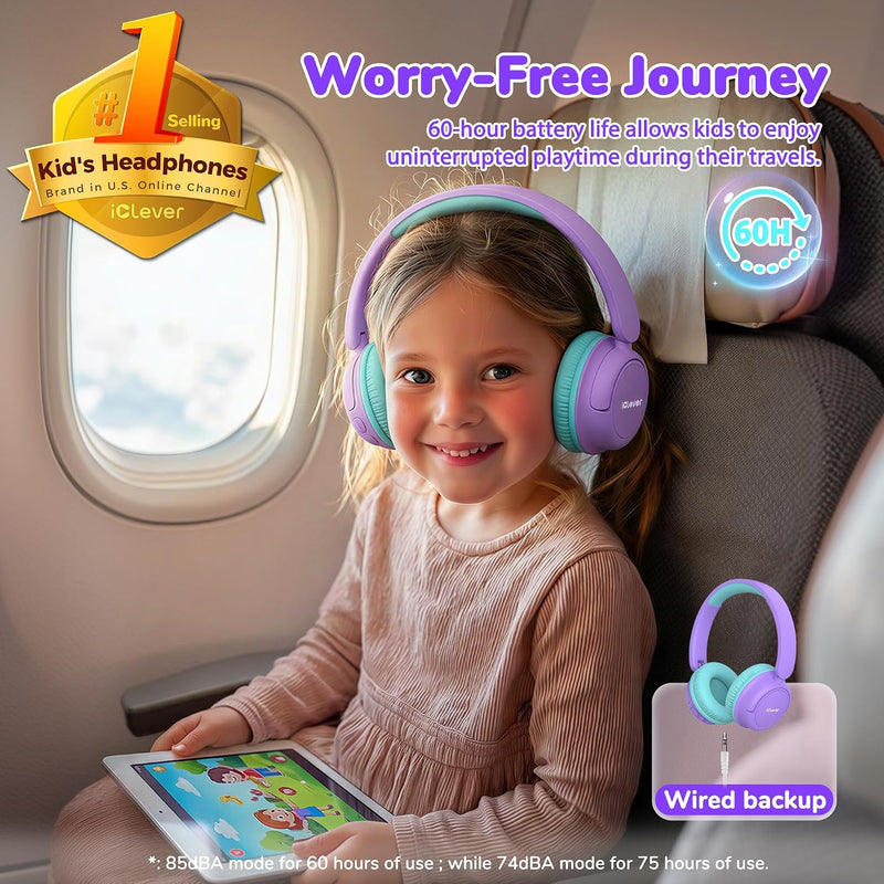 iClever BTH22 Kids Bluetooth Headphones for Toddler Travel, 60H Play Time | SafeSound Tech3.0, Stereo Sound, USB C Fast Charging, AUX Cable, Kids Wireless Headphones for Girls/Boys/Tablet/PC/School
