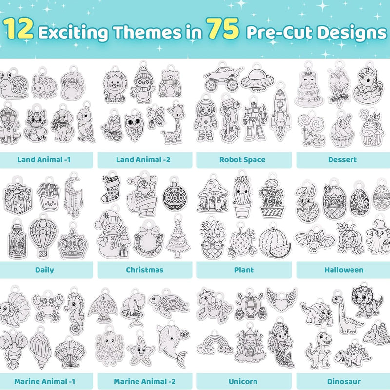 Funtopia Shrinking Art Sheets Kits for Kids, 75 Pre-Cut Keychain Making Kit | 12 Themes Shrink Paper Craft, DIY Shrink Art Plastic Sheets with Charms and Keychains Accessories