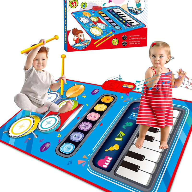 DQMOON Toys for 1 Year Old Boy Gifts, Baby Musical Mat with Piano & Drum, Adjustable Volume, 12-18 Months Toddler Toys, Christmas Birthday Easter Gifts for 1-2 Year Olds Boys Girls (Blue)