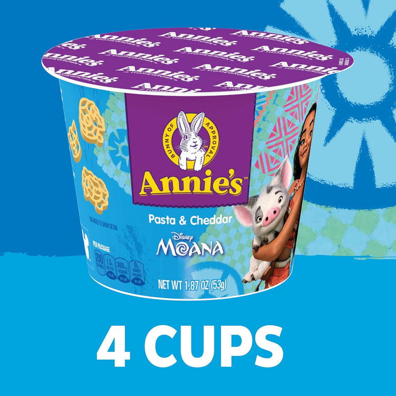 Annie's Disney Moana Shapes Mac & Cheese Microwave Cups, 4 ct, 7.48 oz | Organic Pasta Featuring Moana, Pua and Maui Pasta, 8g Whole Grain Per Serving, Easy Kid Dinner or Snack