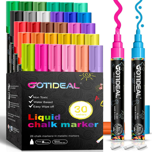 GOTIDEAL Chalk Markers, 30 Colors Liquid Chalk Markers for Blackboard Chalkboard Calendar Glass Neon Pens, Washable Window Marker Paint and Drawing for Car, Auto, Bistro,Mirror Wet Erase Chisel Tip