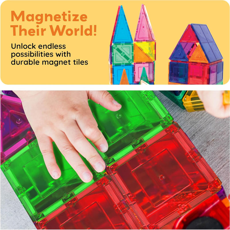 PicassoTiles 100 Piece Set Clear Magnetic 3D Blocks for Kids Creativity Building Playboards Educational