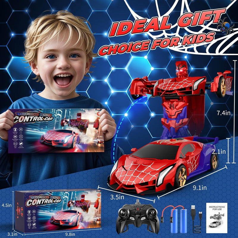 Spider Transform RC Car with Eye & Underbody Lights, 2.4GHz Remote Control, Fast 360°Rotation Robot Toy for Boys 3-12 Years Old
