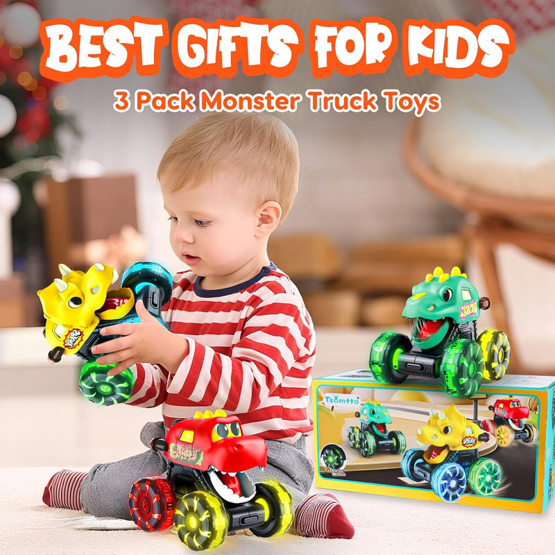 Monster Truck Toys with Dinosaurs for Toddlers 1-3, Press-and-Go Lights-Up Trucks