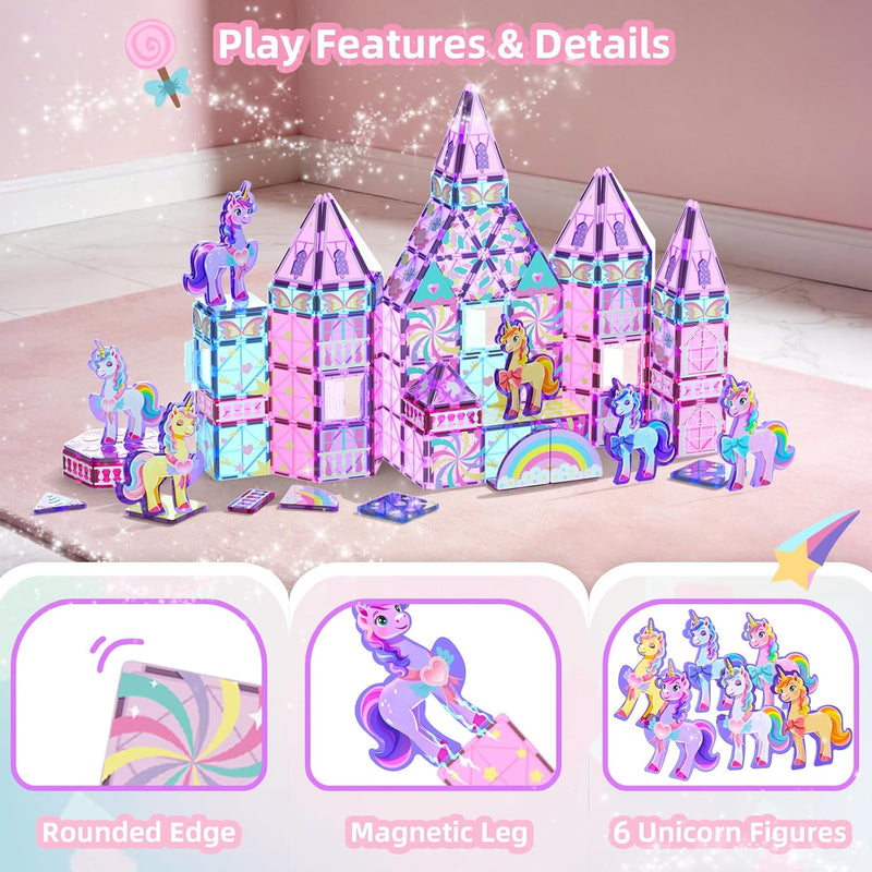 GobiDex 100PCS Unicorn Magnetic Tiles with 6 Unicorns, Princess Castle Unicorn Toys for Girls Age 4-6, Magnetic Building Blocks Toys for 3 4 5 Year Old Girl Birthday Gifts
