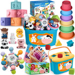 6 In 1 Baby Toys, 6-12 months Baby Toys, Montessori Toddler Gifts Toddlers | 0-6 12-18 Montessori Toddler Toys,Farm Animals Playset & Teething & Stacking Building Block Cup & Tissue Box & Sensory Bin