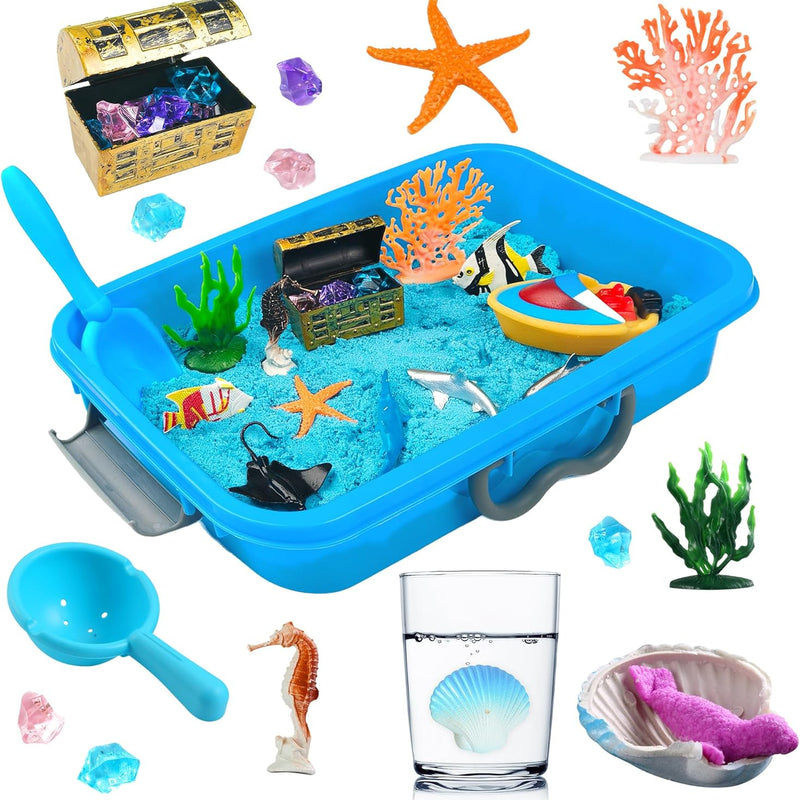 AGENTLAN Ocean Sensory Bin with Sensory Sand, Ocean Toys for Kids | Sand Kit with sea animals, Sea sand box sensory kit, Gift for toddlers ages 3+