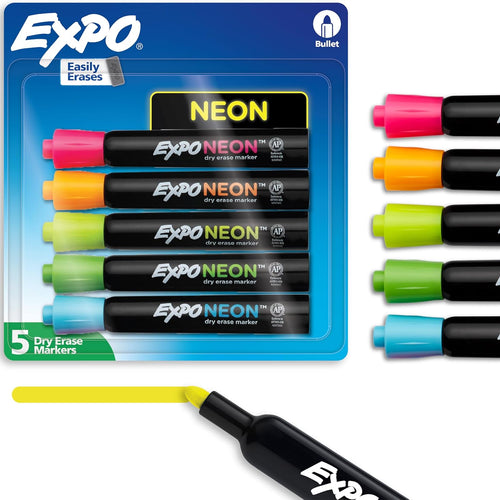 EXPO Neon Dry Erase Markers, Assorted, Bullet Tip, 5 Count - Fun, Vibrant Colors for Whiteboard, Glass, Acrylic, Home Organization