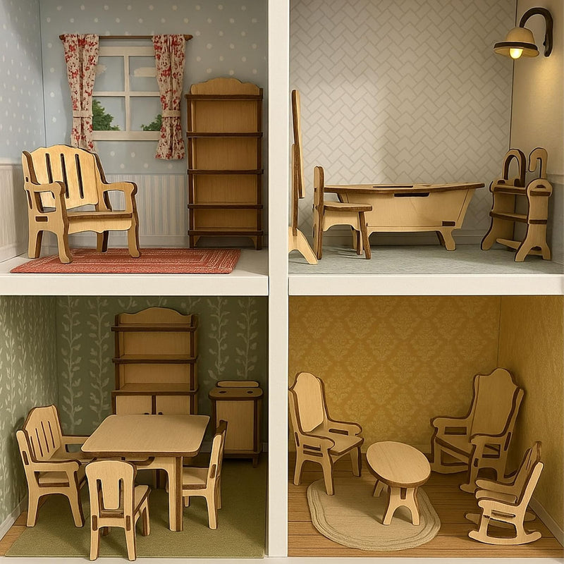 LOVEINUSA 34 PCS DIY Wooden Dollhouse Furniture Set, 1:20 Scale Miniature Room Accessories for Kitchen Living Room Bathroom for DIY Crafts Project