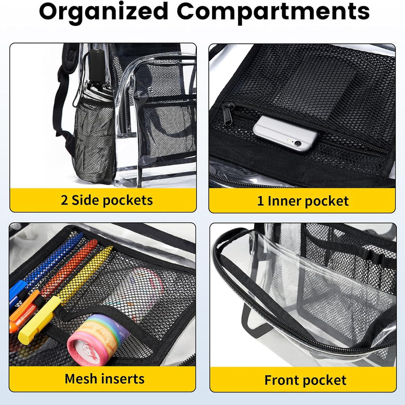 Vorspack Clear Backpack Heavy Duty PVC Transparent Backpack with Reinforced Strap Stitches & Large Capacity for College Workplace Security - Black