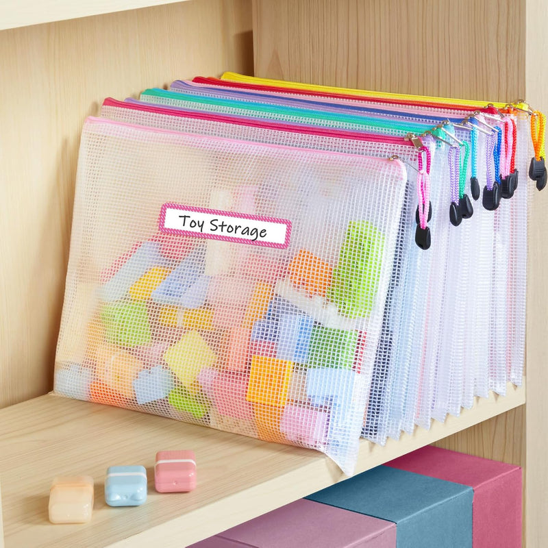 Sooez 24 Pack Mesh Zipper Pouch with Sticky Labels, A4 Mesh Bags, Sturdy Letter Size File Folders Organizer, Office School Classroom Teacher Supplies, Toy Storage Bag Board Game Puzzles Organization