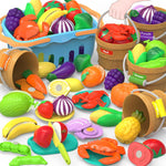 Cutting Play Food Toys for Kids with 28-Piece Fruits and Vegetables Set and Shopping Storage Basket