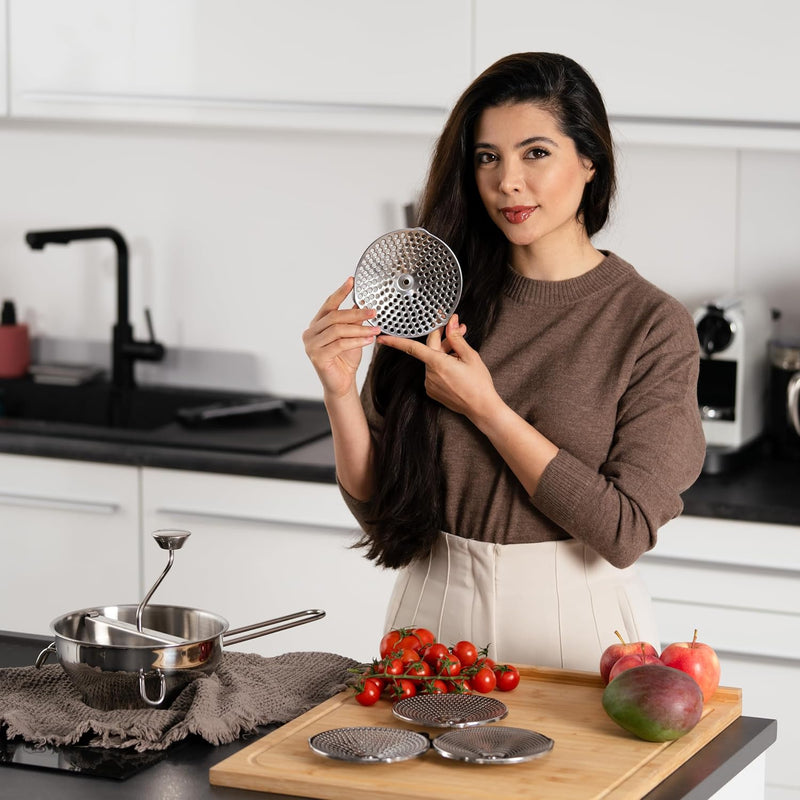 Hungry Artisan Stainless Steel Food Mill for Tomato Sauce & Canning | Great for tomato sauce, applesauce, baby food, mashed potatoes, puree, and canning, 3 interchangeable discs, dishwasher-safe