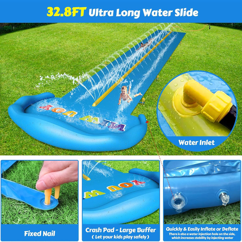 Evoio Water Slide, 32.8FT Inflatable Splash Water Slip with 2 Racing Lanes for Kids Boys Girls Adults, Water Slide Outdoor Water Toys for Backyard Garden