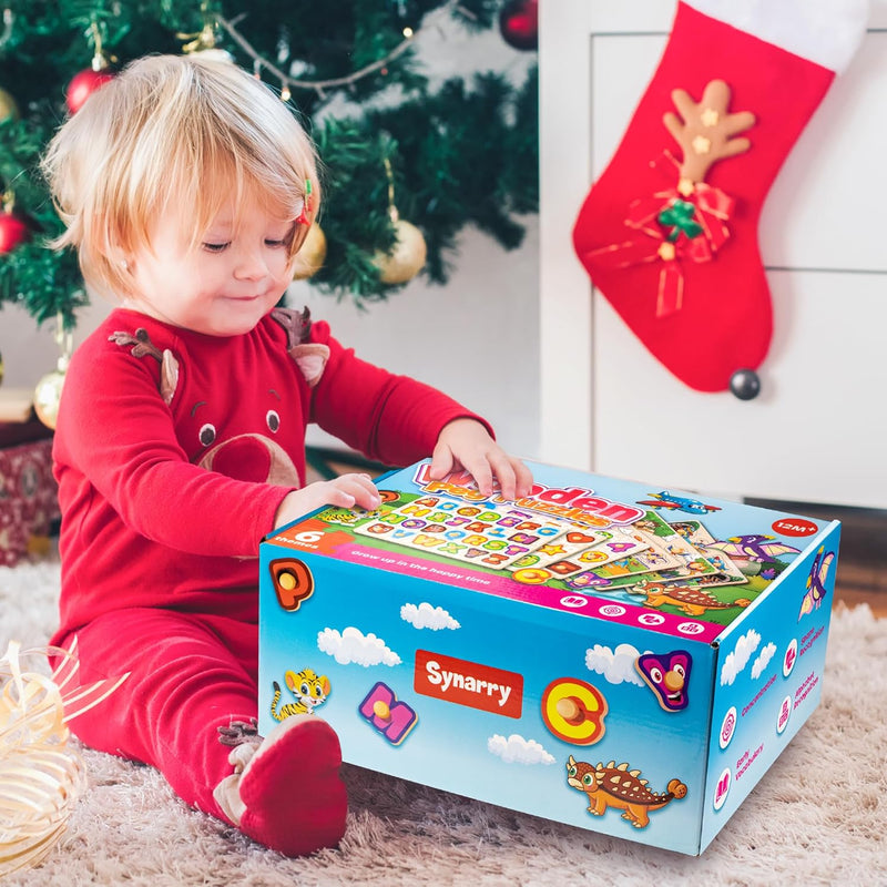 SYNARRY Wooden Puzzles for Toddlers 1-3, 6XSET Puzzles for Toddlers 2-4 with Rack, Learning Alphabet Number Animal Dinosaur Vehicle for Kids, Education Toys for 2 3 Years Boys Girls