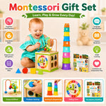 Wooden Activity Cube for Baby, Montessori Toys for 1 Year Old, Baby Toys 1 Year Old, Toys for 1+ Year Old Girl - Wooden Activity Center with Bead Maze Toy, Baby Stacking Cups, Book, in Pink Gift Box