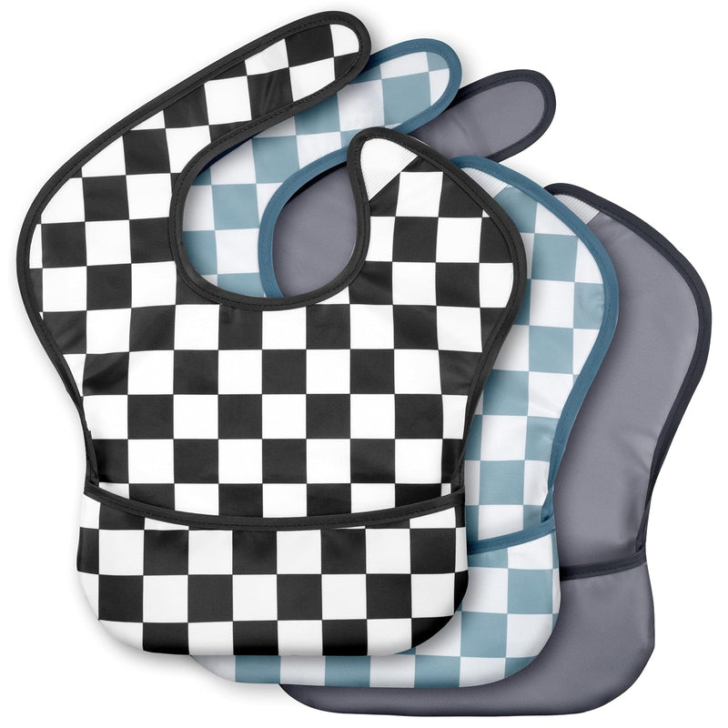 3 Pack Waterproof Baby Bibs for Eating, Mess Proof Feeding Bib | Lightweight & Wipeable Toddler Food Bibs, Large Catch-All Pocket, Food-Grade Baby Eating Essentials Gifts, Black Cherkerd