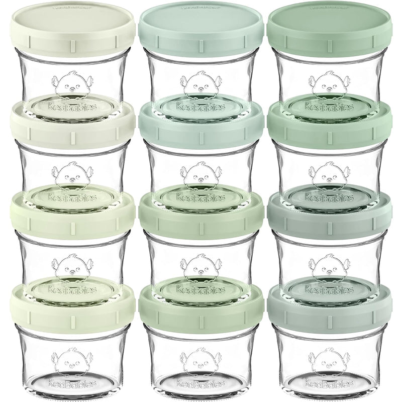 KeaBabies 12pk 4oz Glass Baby Food Containers with Lids, Leak-Proof (Sage) | Microwavable Small Glass Jars, Baby Purees, Toddler Snack Storage Containers, BPA-Free, Dishwasher-safe, Freezer Safe