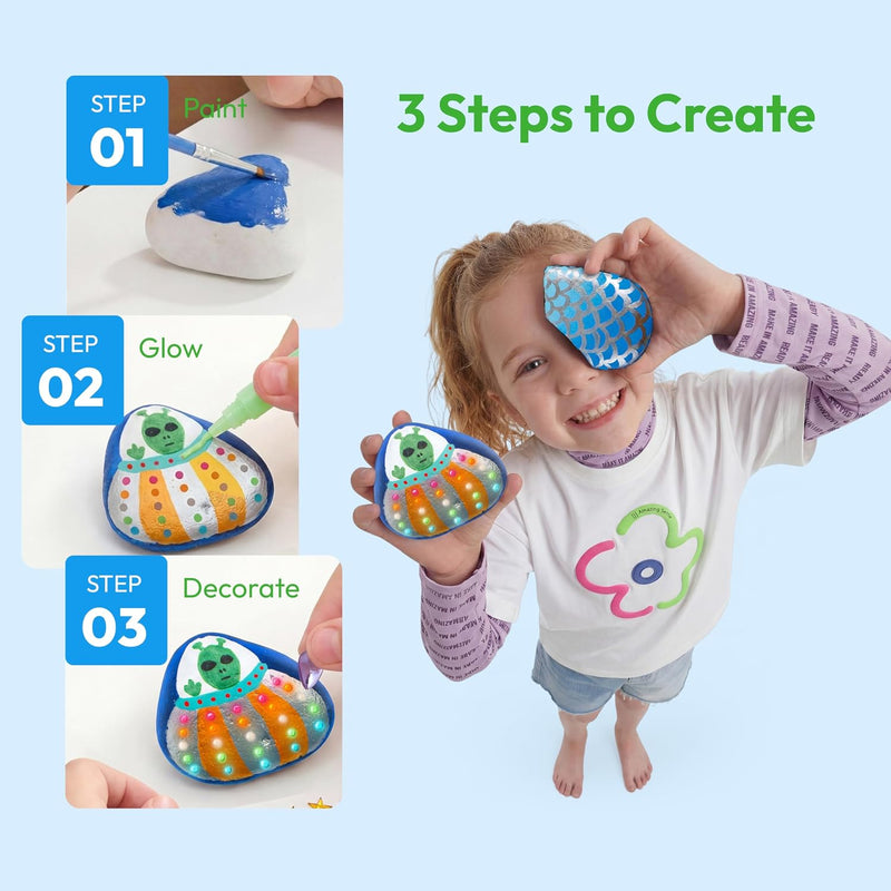 Rock Painting Kit- Glow in The Dark Rock Kit, Arts and Crafts for Kids Ages 6-12, Art Supplies Toy, Kids Craft Paint Kits, Arts & Crafts for Boys Girls Birthday Party Gift Toy