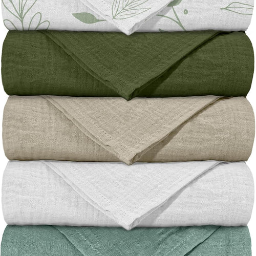 Muslin Receiving Blankets 5 Pack, Soft Swaddle Wraps for Newborn Babies | Breathable Skin-Friendly Muslin Cotton, Neutral Swaddle Blanket for Boys & Girls, Newborn Baby Essential, Bright Leaves