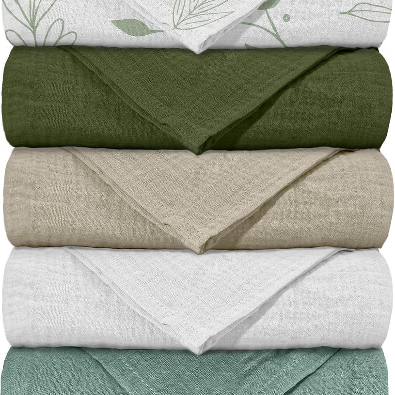 Muslin Receiving Blankets 5 Pack, Soft Swaddle Wraps for Newborn Babies | Breathable Skin-Friendly Muslin Cotton, Neutral Swaddle Blanket for Boys & Girls, Newborn Baby Essential, Bright Leaves