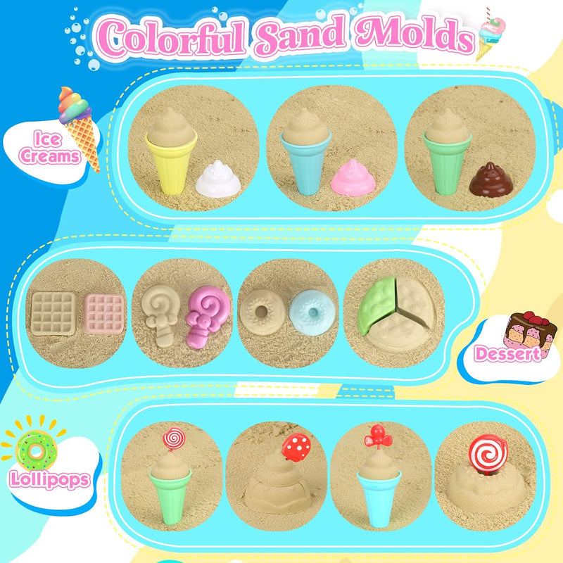 Collapsible Beach Toys Set for Kids & Toddlers: Foldable Bucket, Shovels, Sand Molds, Ice Cream Playset