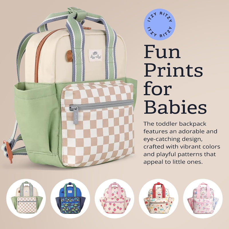 Itzy Ritzy Toddler Backpack, Daycare Bag w/Spacious Interior, Checkerboard | Adjustable Straps, Wipeable Lining, 2 Side Pockets, Front Zipper, & Name Label - Keeps Essentials Organized for Daily Travel