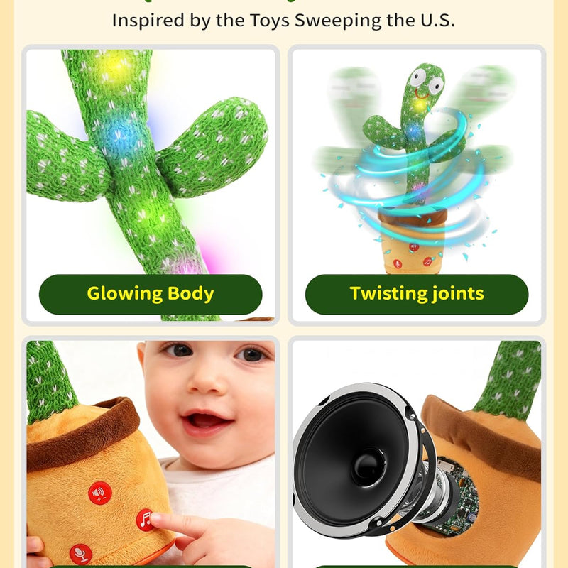Adjustable Volume Dancing Talking Cactus Baby Toy for 0-6 Months, 4-Level Volume Control, 120 English Songs