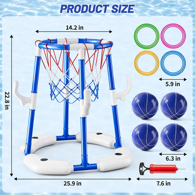 JUKUDAHU Pool Basketball Hoop, 2-in-1 Boy Pool Toys for Kids Ages 4-8 | Floating Pool Ring Game with 4 Balls and Pump, Outdoor Swimming Water Play Toy, Summer Water Toys for Kids Adults Age 3-12