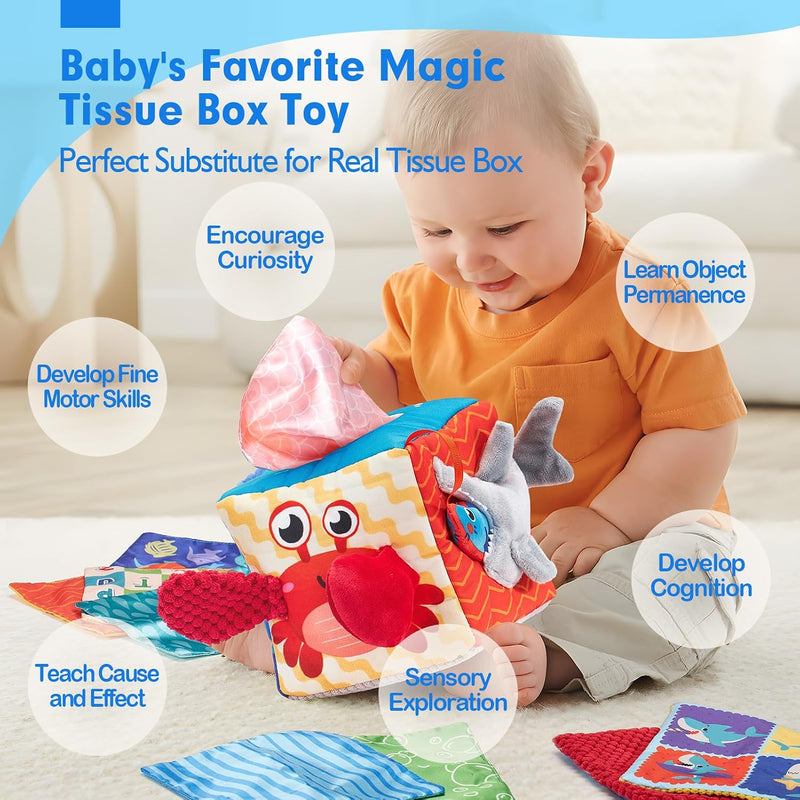 hahaland Baby Tissue Box Toy 6-12 Months Montessori Toys 6 7 8 9 Month Old | Textured Tails, Crinkle Tissues, Squeaky, Mirror, Pull & Hang Ring, Play Silks Sensoy Scarves Soft Baby Gift Busy Travel Toys