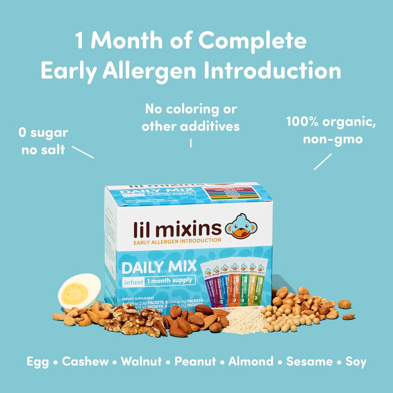 Lil Mixins Allergen Introduction Daily Mix for Babies, Top 7 Allergens | 7 Common Allergens: Peanut, Egg, Cashew, Walnut, Almond, Soy, Sesame, Easy-Mix Powder for Babies 4-12 Months, 1-Month Supply