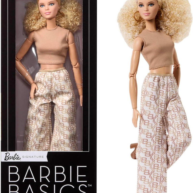 Barbie Basics Model Collector Fashion Doll 06 with Brunette Hair, Shimmery Golden Skirt & Halter, Universal-fit Fashions, Posable Body