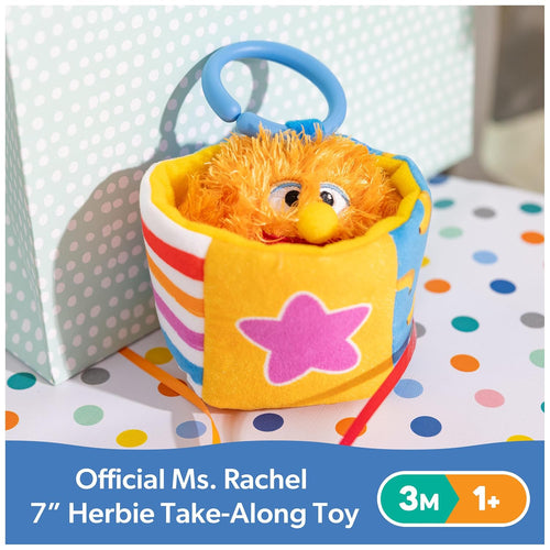 Ms. Rachel Herbie Sensory Take-Along Toy with Jitter & Peek-A-Boo Play | Multiple Sensory Surfaces & BPA-Free Teether, Clips to Strollers, Toddler Toys for Girls & Boys Ages 3 Months to 1+