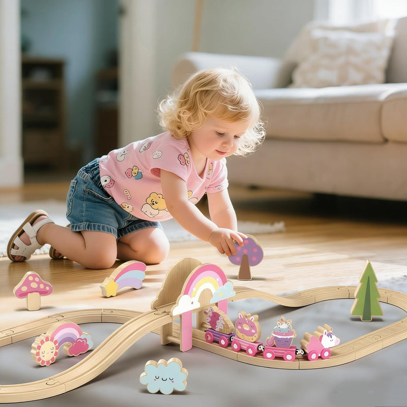 Lehoo Castle Unicorn Train Set for Toddlers 2-4, Wooden Train Track Toy for Girls