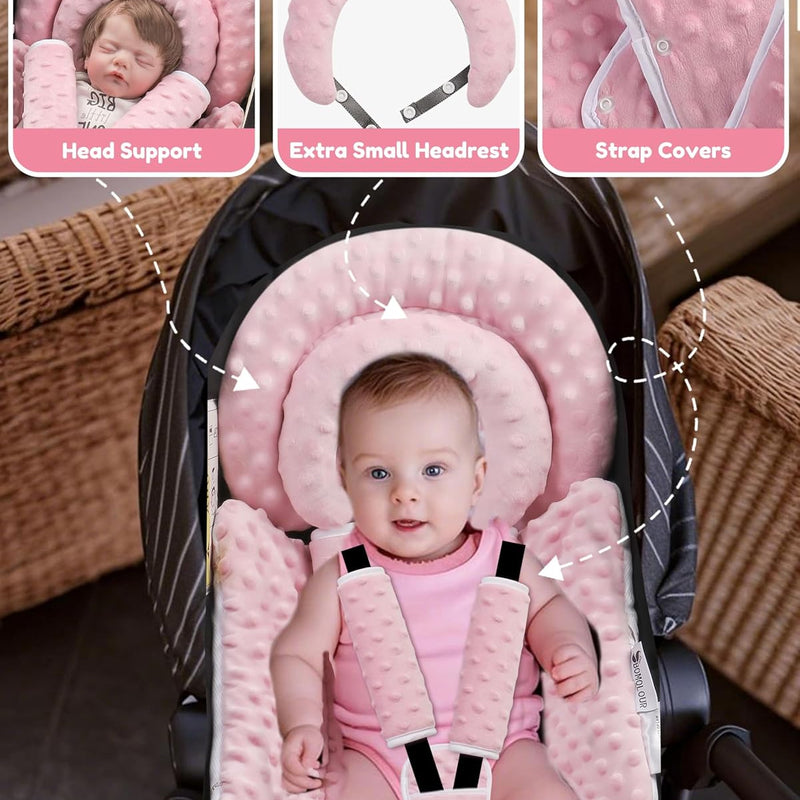 BOMOLOUR Infant Car Seat Insert for Baby Head Body Support, Pink | Reversible, Adjustable For 0-24 Months, Versatile Fits For Baby Car Seat ,Stroller, Swing, For Preemie, Newborn, Infant