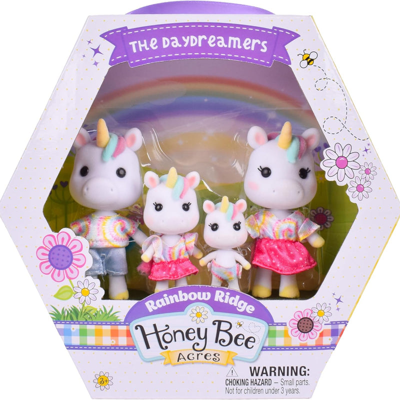 Sunny Days Entertainment Honey Bee Acres Rainbow Ridge Daydreamers Unicorn Family – 4 Miniature Flocked Dolls | Small Fantasy Collectible Figures | Pretend Play Toys for Kids