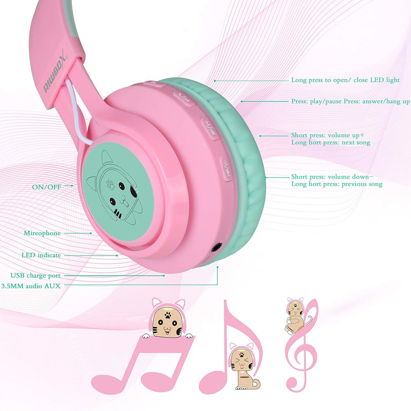 Riwbox CT-7 Cat Ear Kids Bluetooth Headphones, LED Light Up Bluetooth Wireless Over Ear Headphones with Microphone and Volume Control for Travel/School/Smartphones/Laptop/PC/TV (Pink&Green)