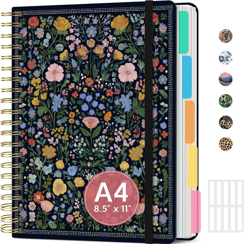 Large Lined Spiral Journal for Women Cute Hardcover 5 Subject Notebook for Work 8.5" x 11" with Removable Dividers & Tabs, College Ruled, 280 Pages Aesthetic Journal for Work, School & Note Taking, Garden of Whimsy