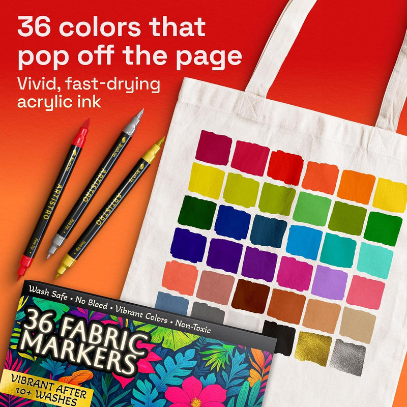 ARTISTRO 36 Fabric Markers for Clothes and Textiles – Permanent No-Bleed Fabric Decorating Kit for T-Shirts, Bags, Canvas, Shoes, and Crafts