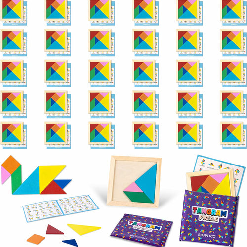 BONNYCO Wooden Tangram Puzzle Set of 30 for Kids Birthday Party Favors