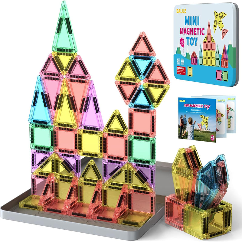 BAIJLE 46PCS Mini Magnetic Tiles, for Kids, Portable Magnetic Toys Travel Set with Iron Case for Kids Ages 4-8,Creativity Boosting Building Toys Set,Toddler Puzzle for Boys and Girls Ages 3+