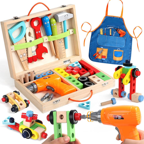 Educational Montessori Tool Set for 3-5 Year Old Boys and Girls, 44 Pcs Wooden STEM Toys with Drill and Apron