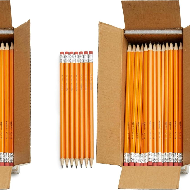 Amazon Basics Wood-Cased #2 Pencils for Writing, Drawing and Sketching, Pre-sharpened, HB Soft Lead with Erasers, Teacher Supplies, 150 Count, Yellow