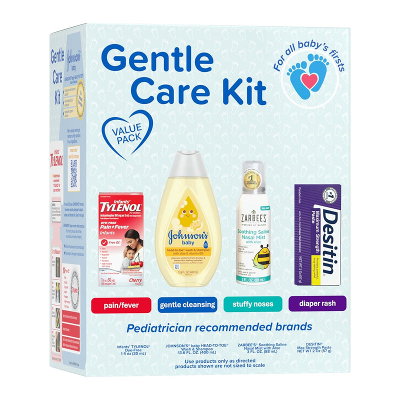 Johnson's Baby Gentle Care Kit, Baby Skin Care, 4 Items, Includes Desitin Maximum Strength Paste, Infants' Tylenol, Fever Reducer, Johnson's Baby Head-to-Toe Baby Wash, Zarbee's Soothing Saline Mist